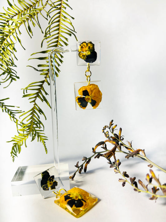 Stacked Pansies Floral Earrings - Dark